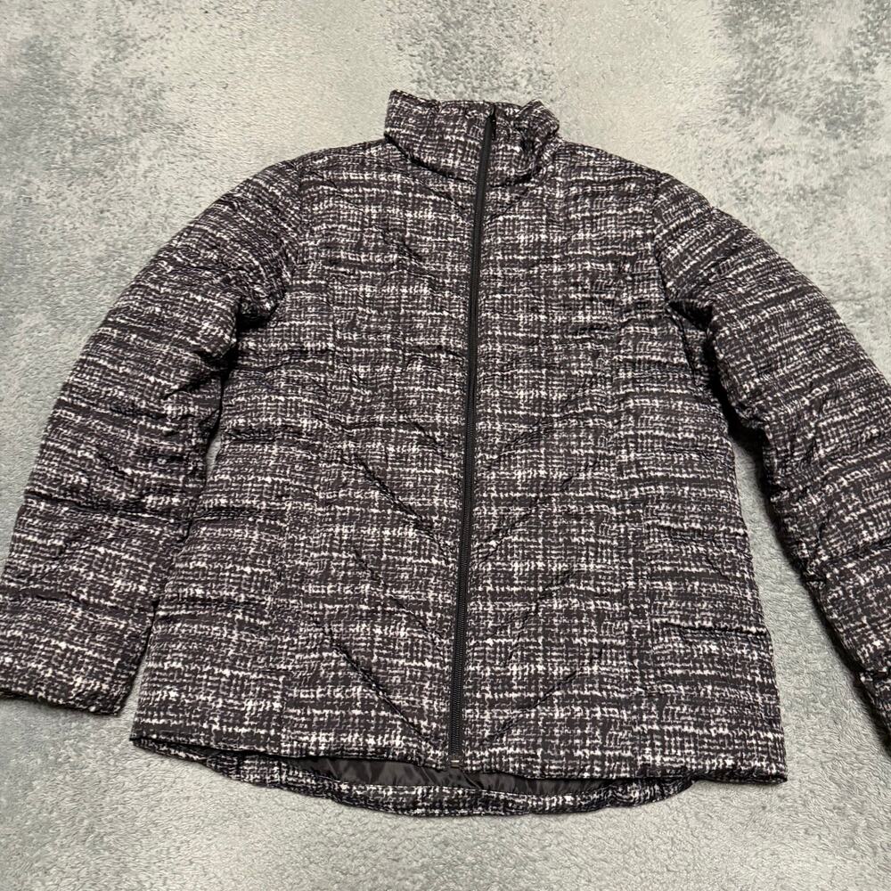 Lands End Down Puffer Jacket Womens Medium 10-12 Black Patterned Coat